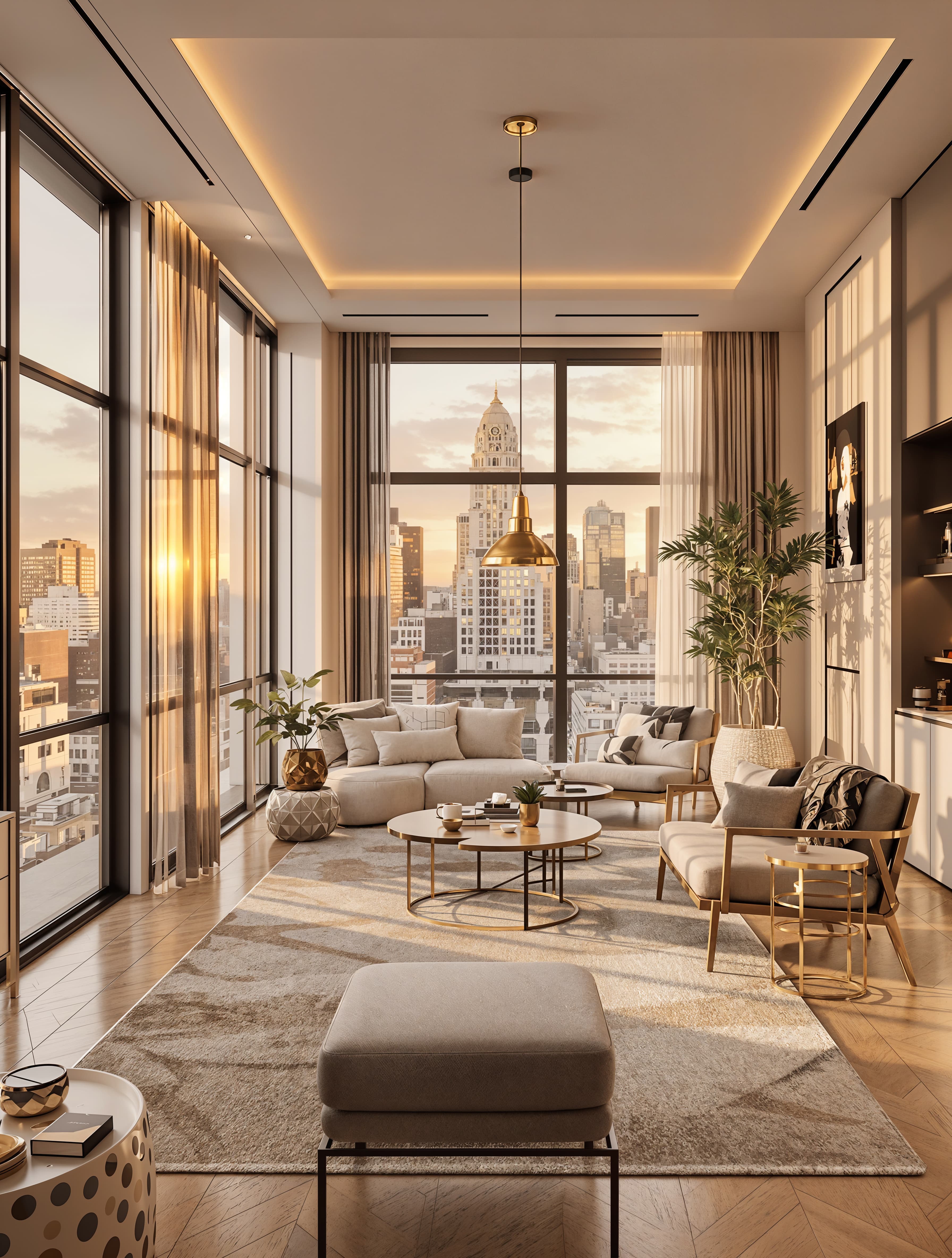 A stunning NYC apartment interior at golden hour, featuring modern decor with sleek, clean lines, large floor-to-ceiling windows overlooking the city skyline, cozy neutral furnishings, gold accents, and an inviting ambiance.