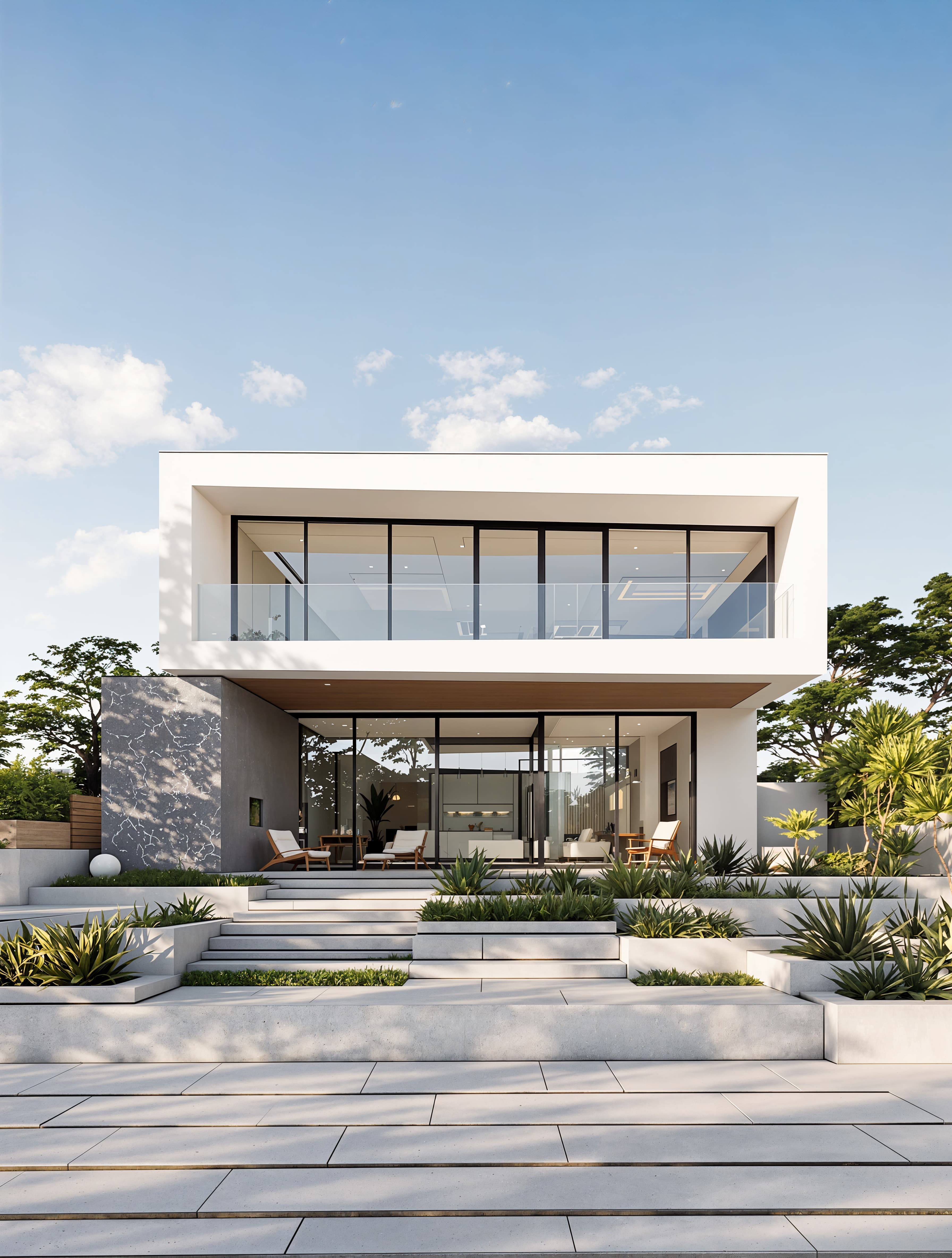 A sleek, modern home with sharp angles, large glass windows, a flat roof, and a minimalist front yard featuring concrete steps and succulents.