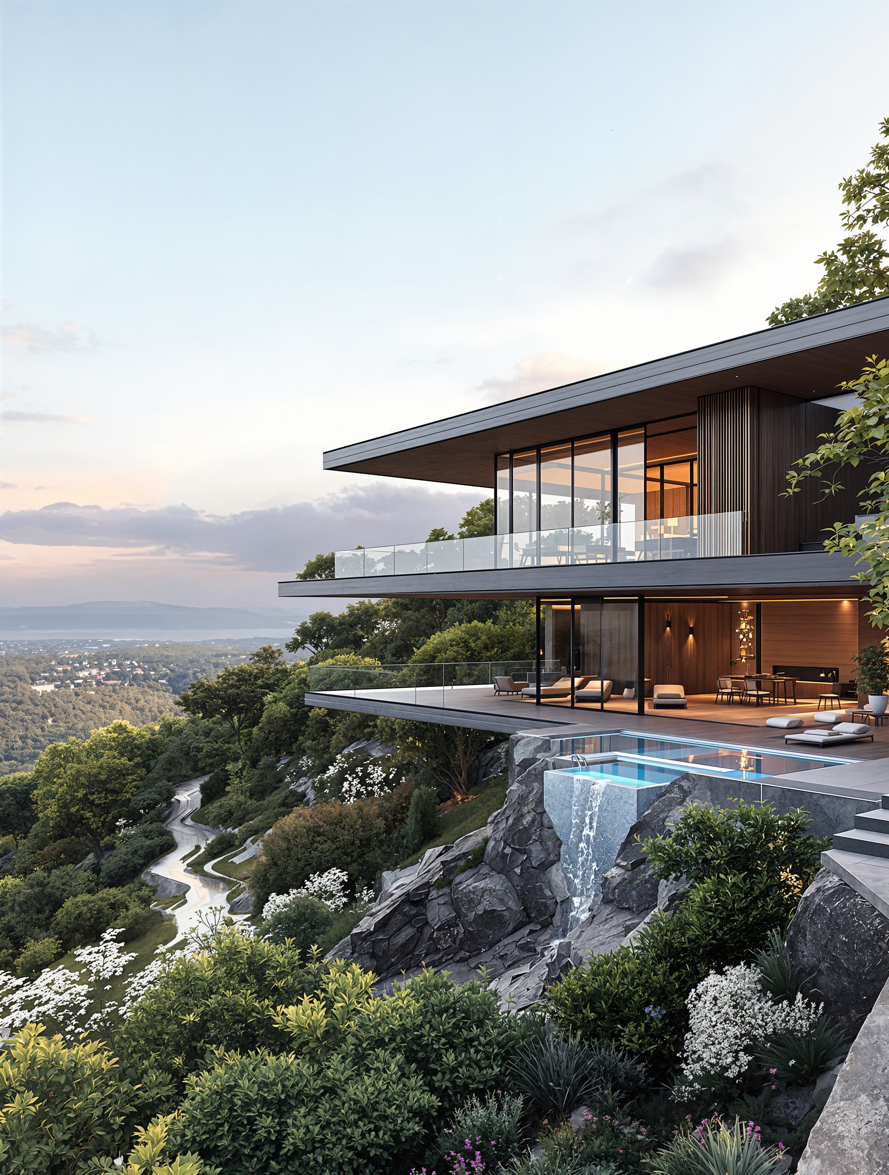 A contemporary hillside villa with a cantilevered design, infinity pool overlooking the landscape, and sustainable wooden and glass accents.