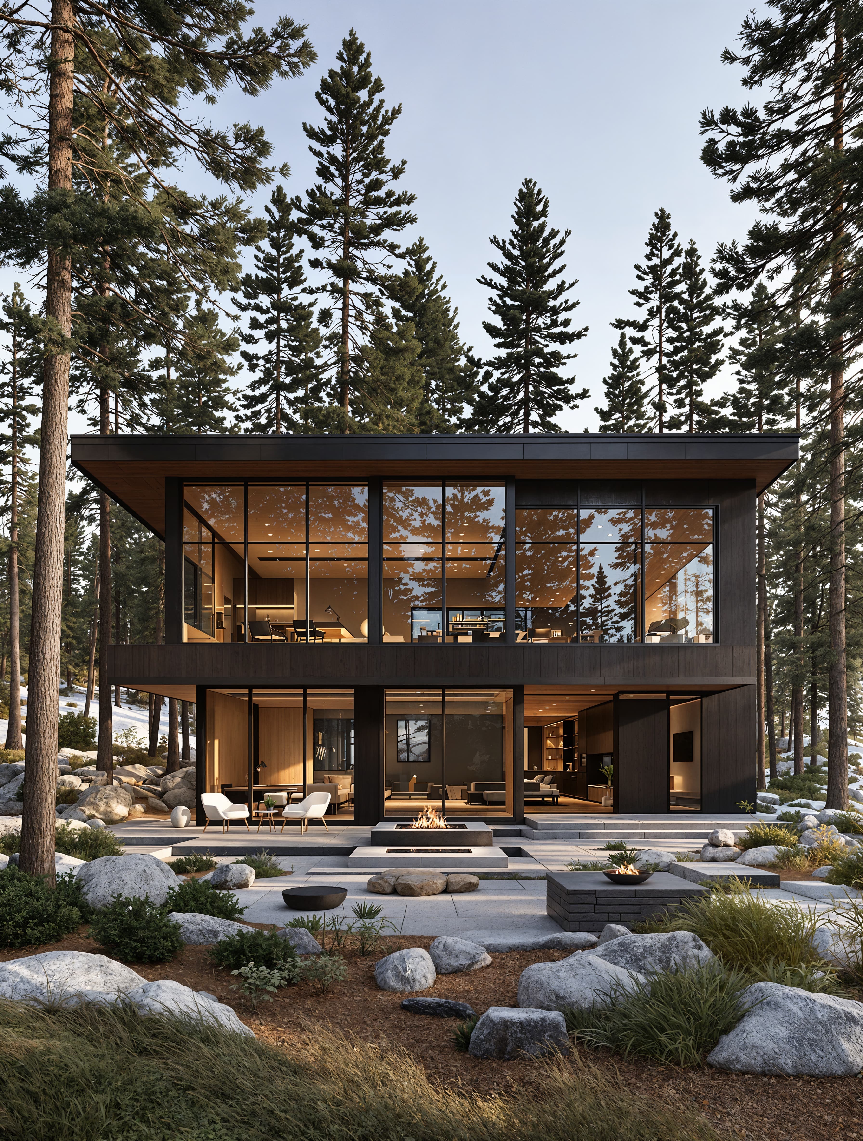 A modern mountain retreat with floor-to-ceiling windows, a dark timber exterior, and a firepit area surrounded by tall pines.