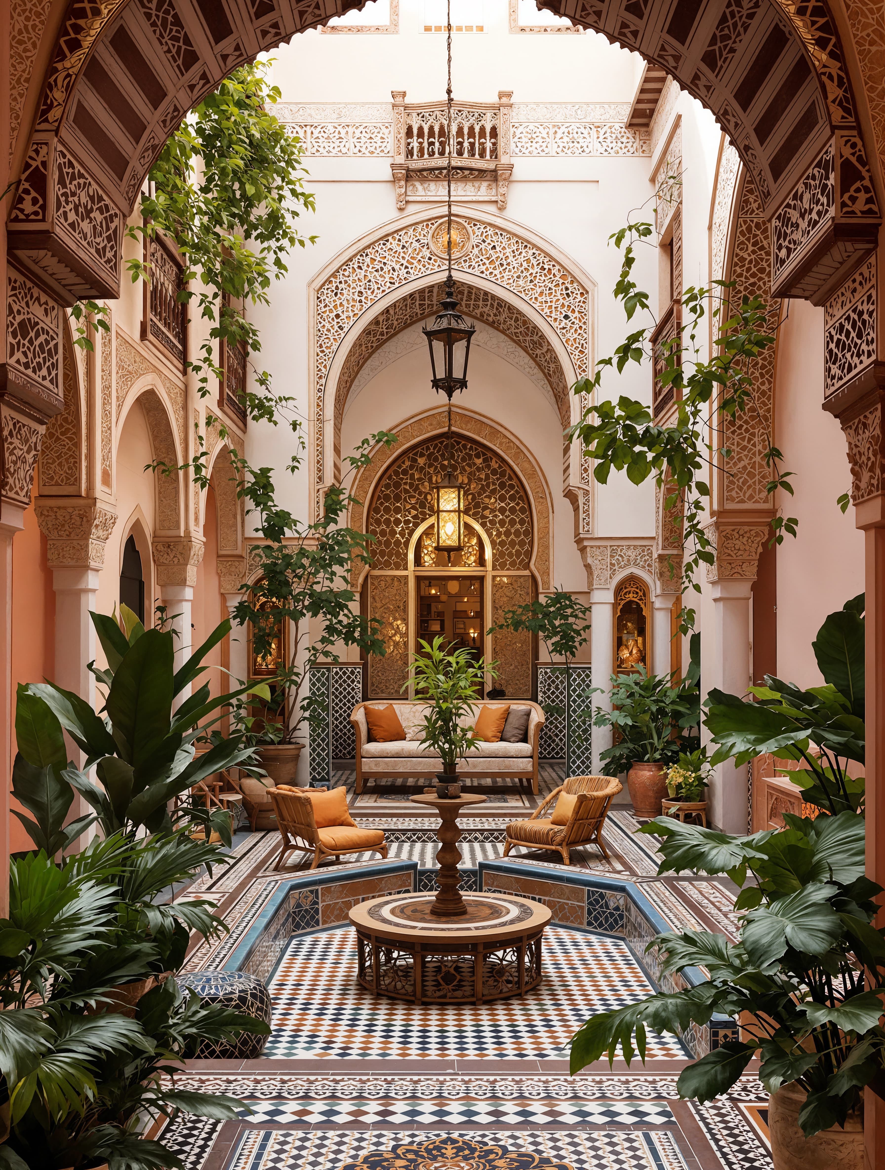 A dreamy Moroccan oasis with patterned tiles, vibrant textiles, carved wood elements, and a central courtyard filled with greenery.