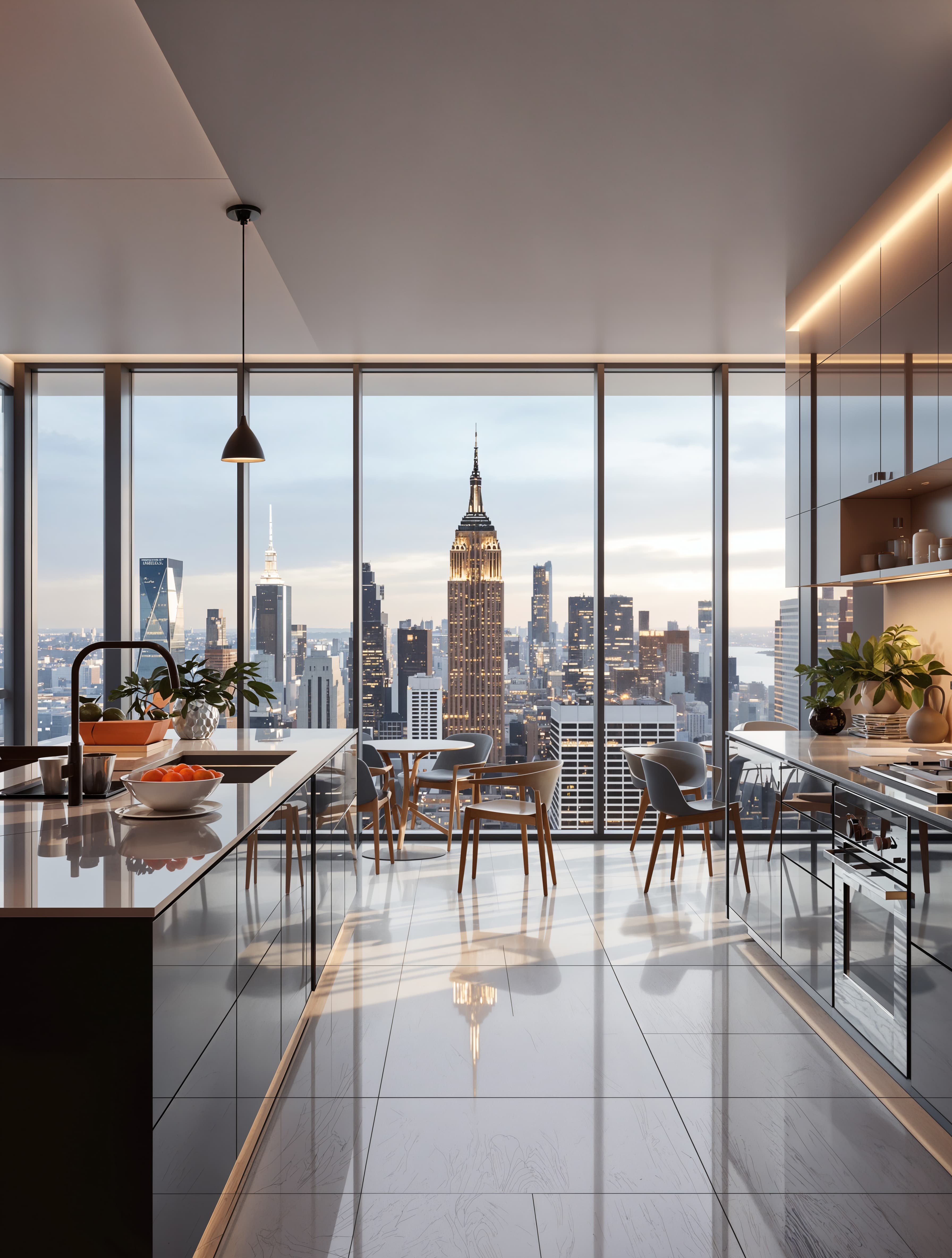 A minimalist, open-concept kitchen in a downtown penthouse. Incorporate a massive window wall showcasing the city skyline and use reflective surfaces to amplify the metropolitan glow.