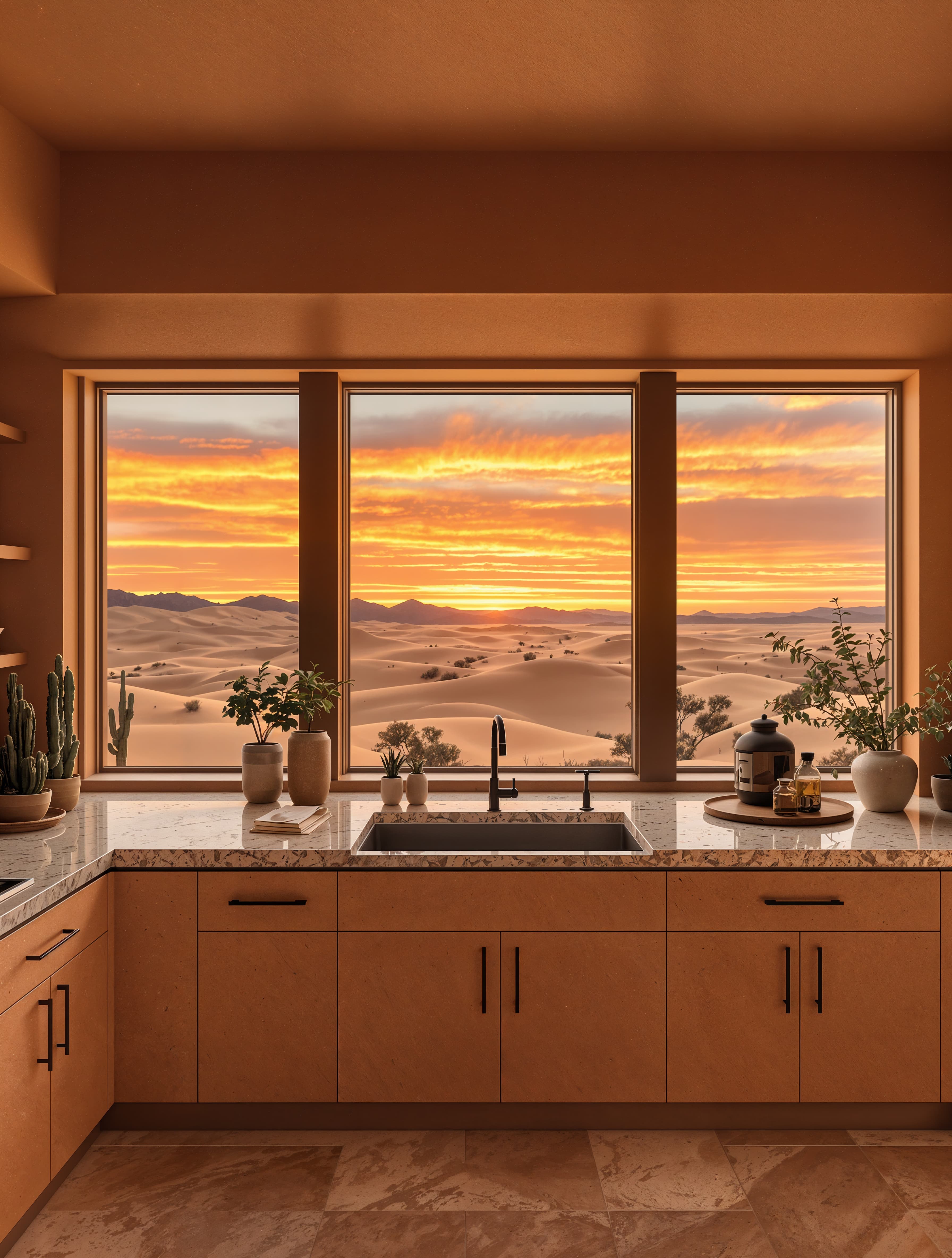 A warm-hued, southwestern kitchen overlooking a vast desert landscape. Incorporate earthy stone countertops, textured adobe walls, and large windows framing sunsets over rolling dunes.