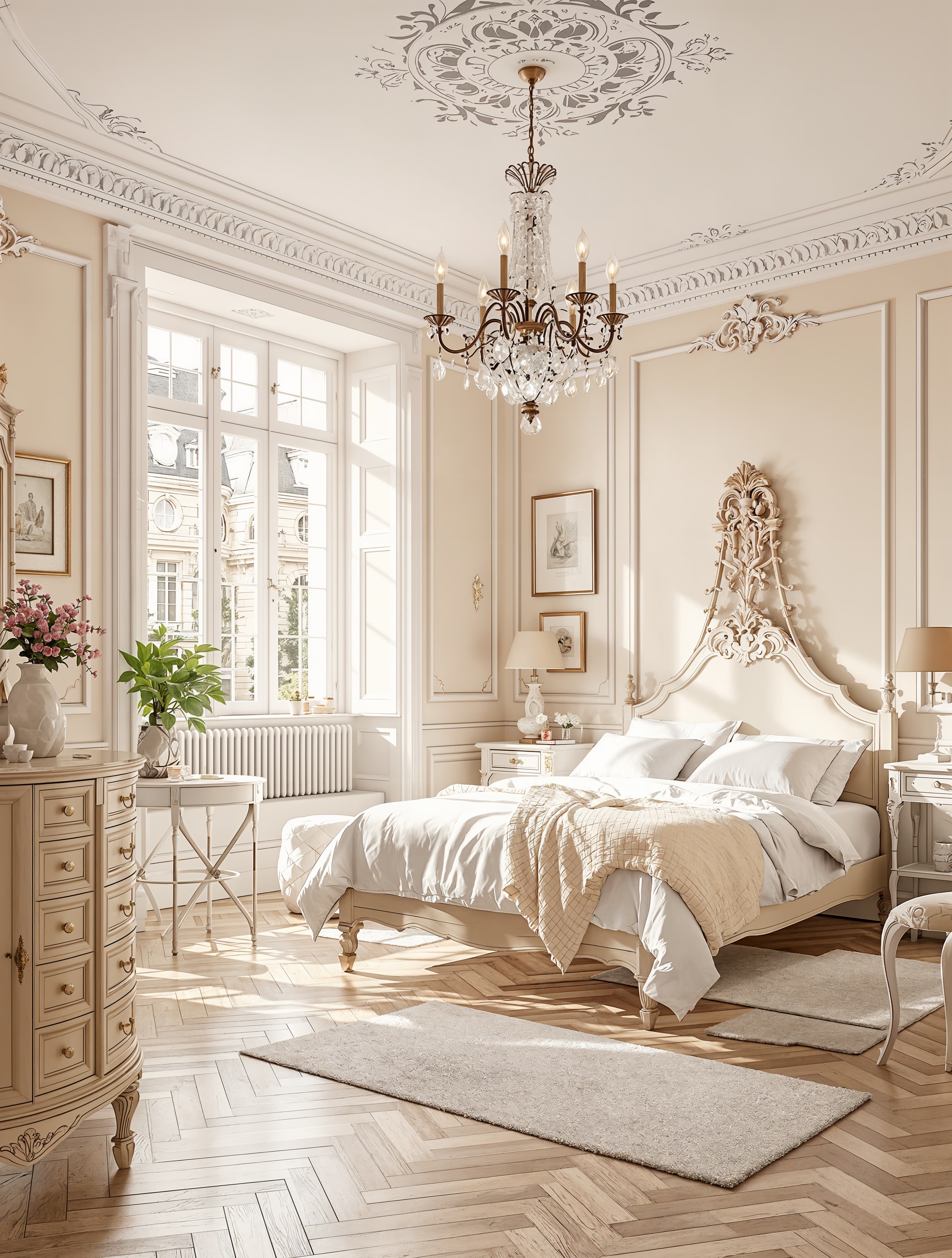 A sunlit Parisian bedroom with herringbone floors, ornate molding, and a vintage chandelier. Soft pastels and antique furniture add an air of romance and timeless elegance.