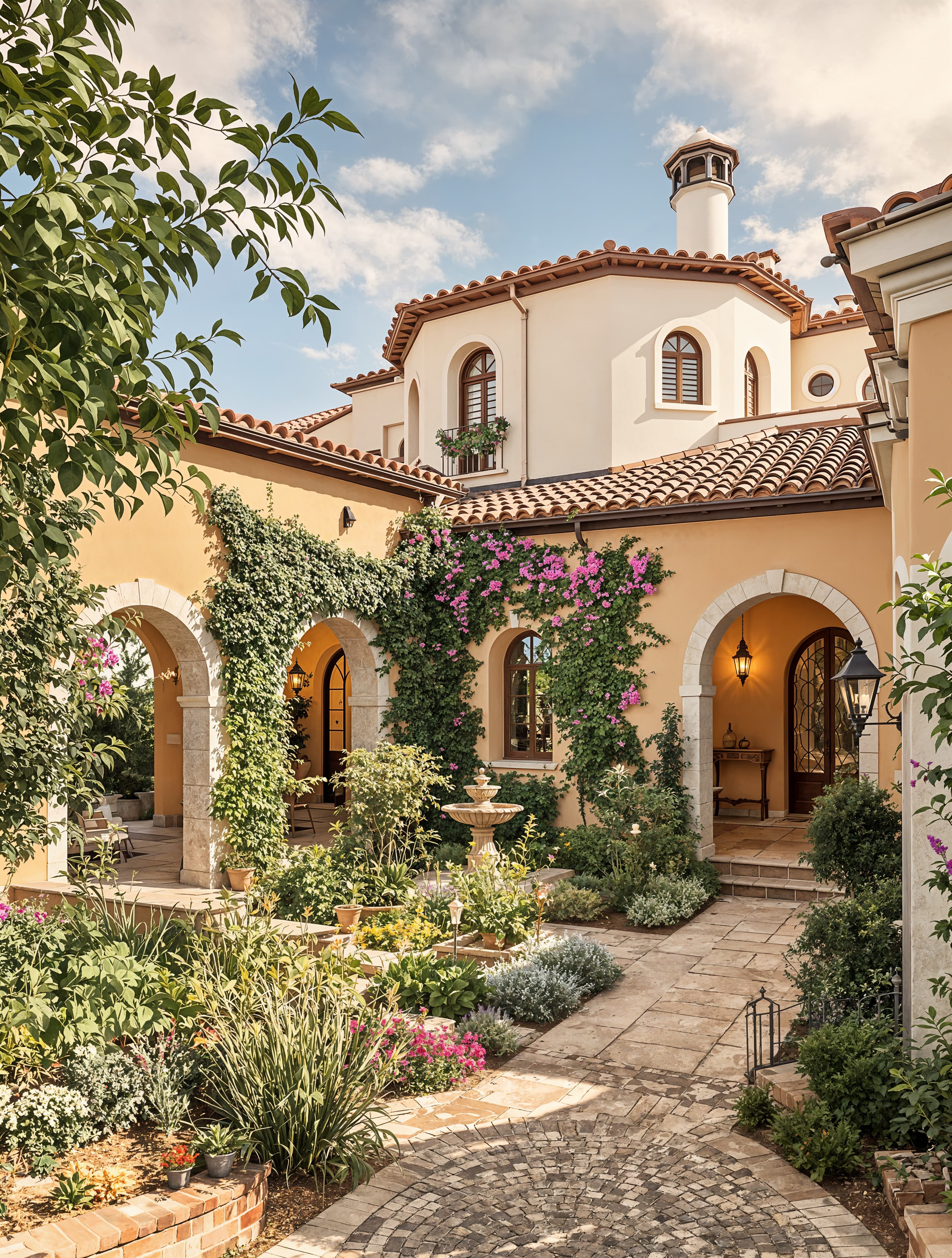 A classic Italian villa with warm stucco walls, red clay roof tiles, arched doorways, and a vineyard-inspired courtyard brimming with greenery.