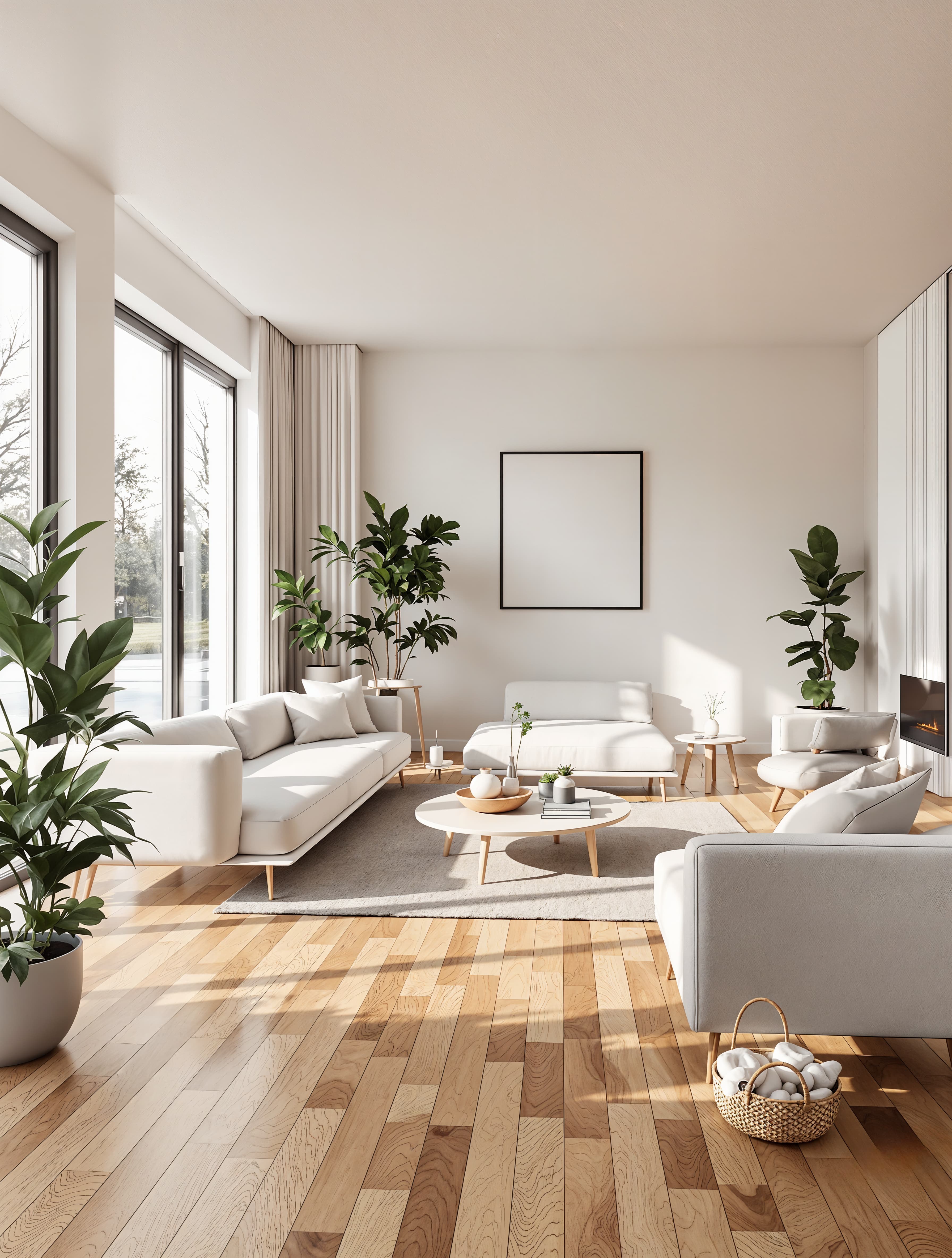 A minimalist Scandinavian living room with warm wooden floors, sleek white furniture, large windows letting in natural light, and green indoor plants for a cozy touch.