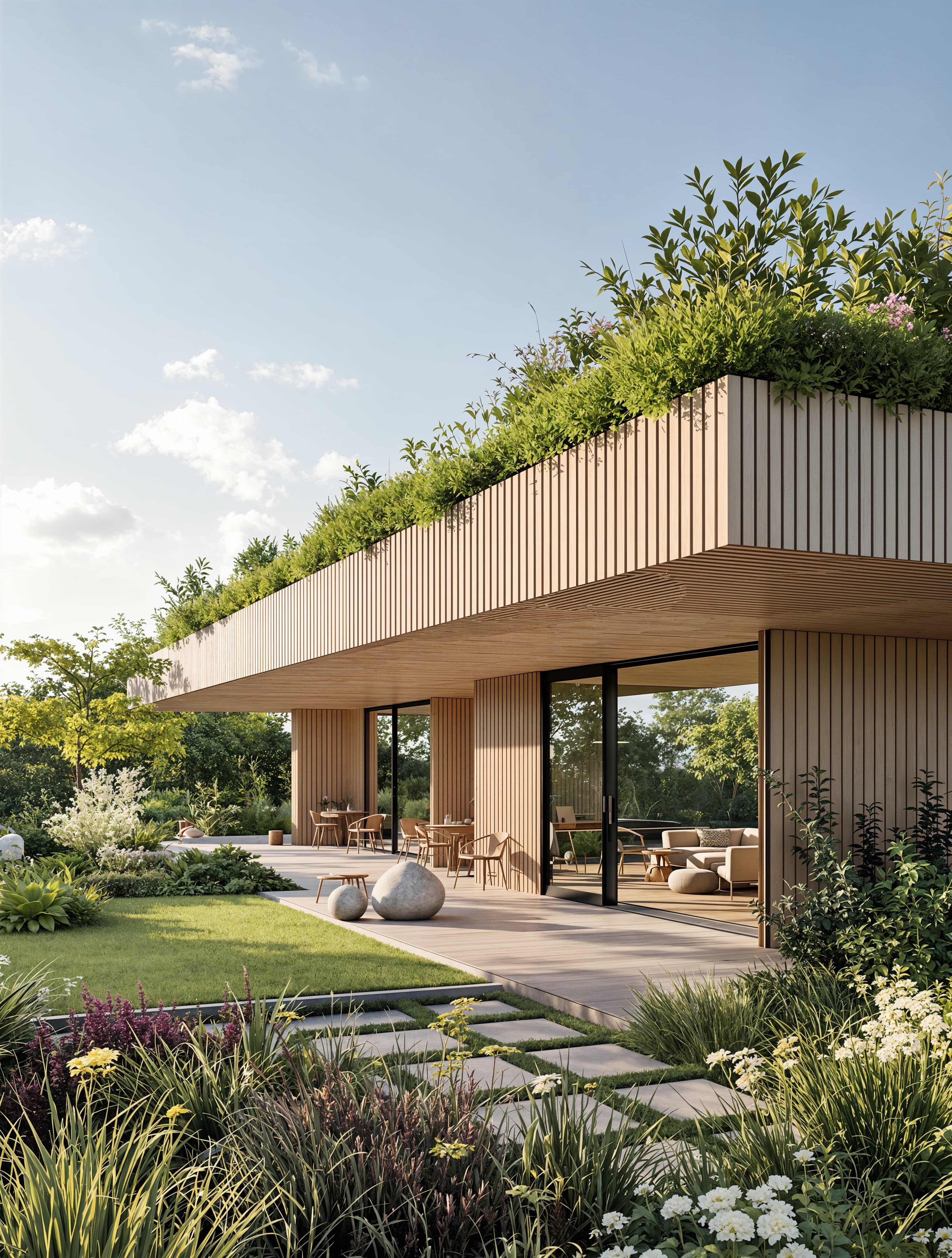 Sustainable materials, a sod or living roof, and minimalist wooden cladding for a nature-inspired design that merges into its Nordic surroundings.