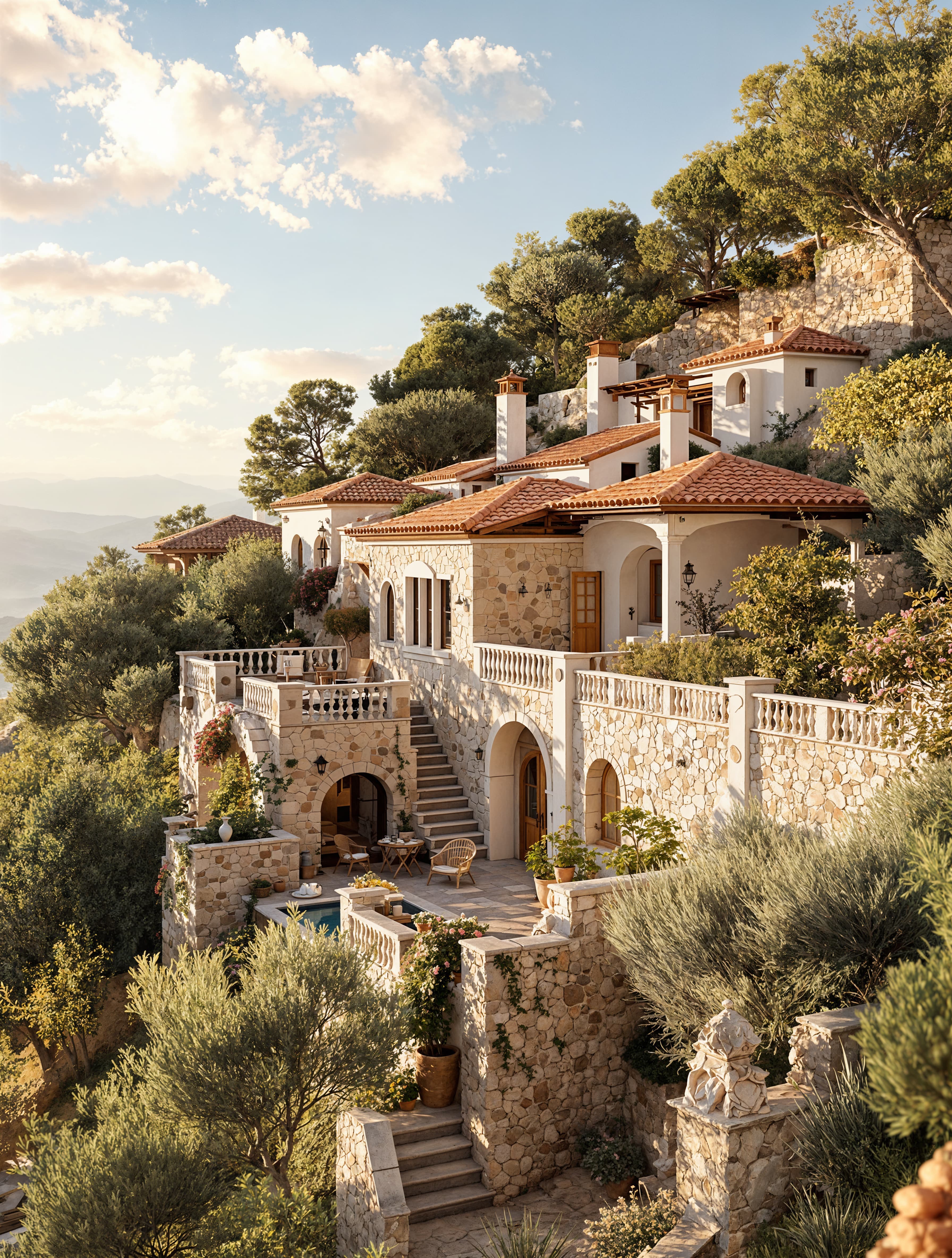 A terracotta-roofed home perched on a sun-kissed hillside, surrounded by olive trees and rustic stone walls that capture the warmth of the Mediterranean.