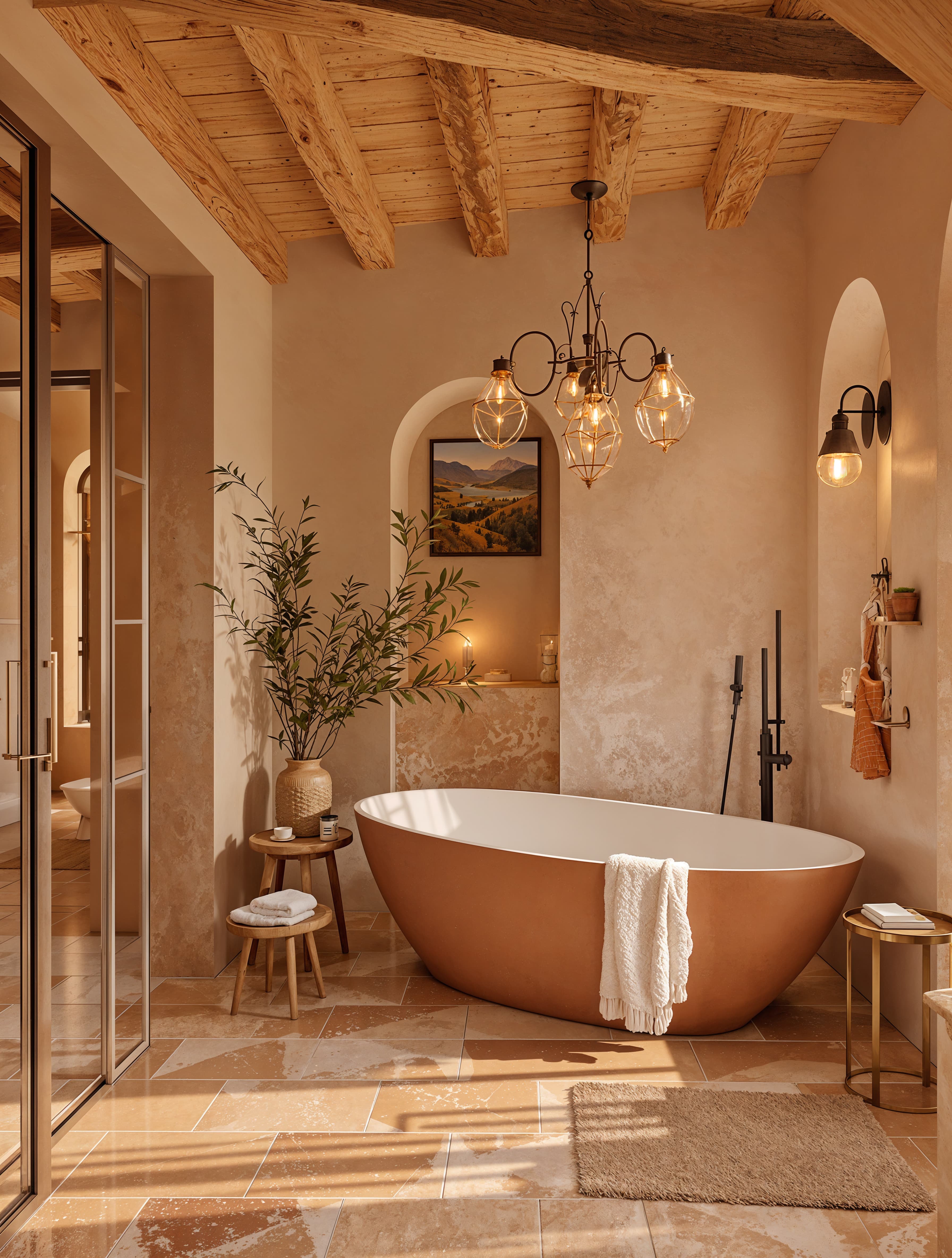 Italian countryside with travertine tiles, warm terracotta accents, and an oversized soaking tub set against a backdrop of rustic wooden beams