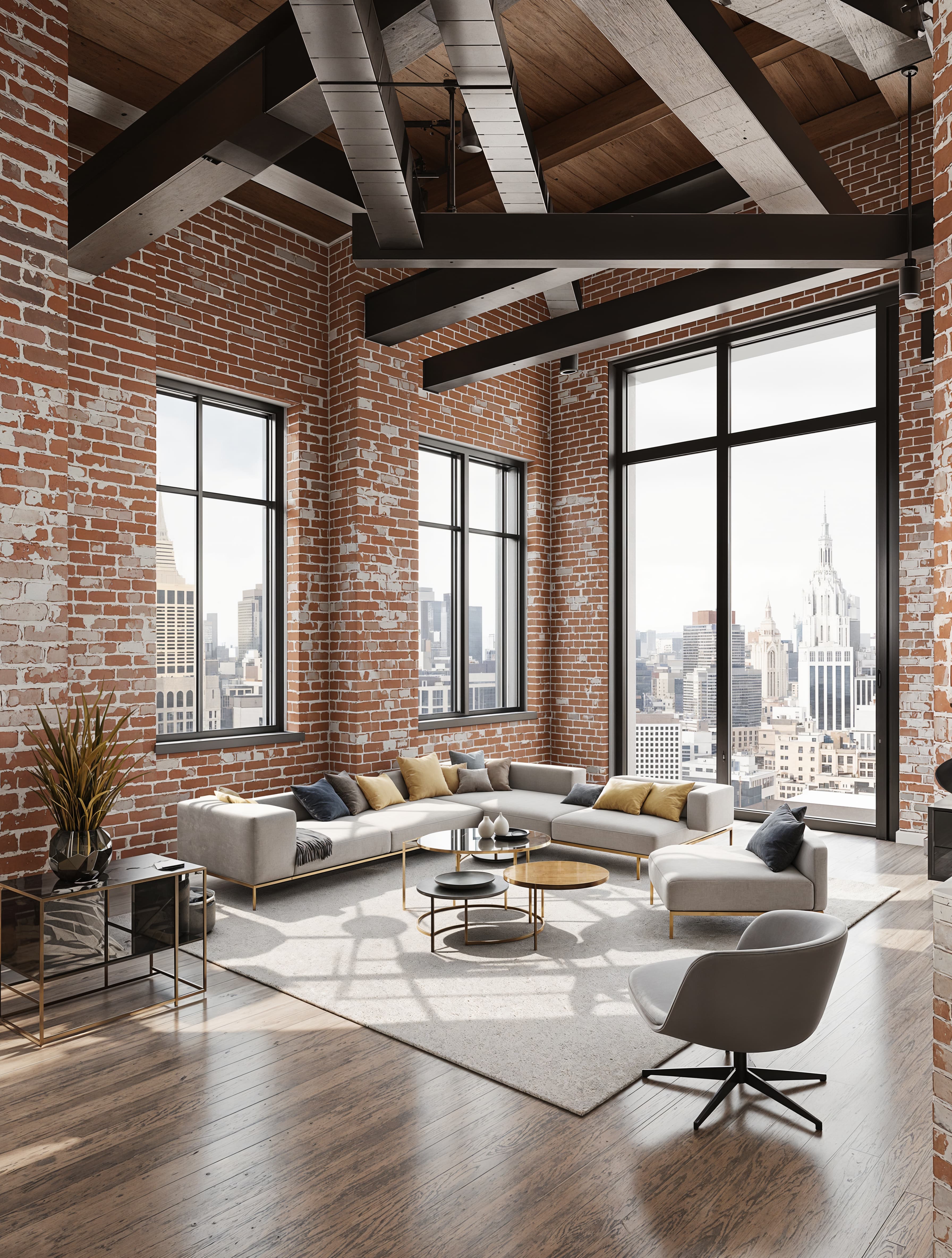 Modern penthouse vibe with exposed brick walls, lofty ceilings, and large windows framing city views. Use metal accents and sleek furniture to balance industrial with contemporary