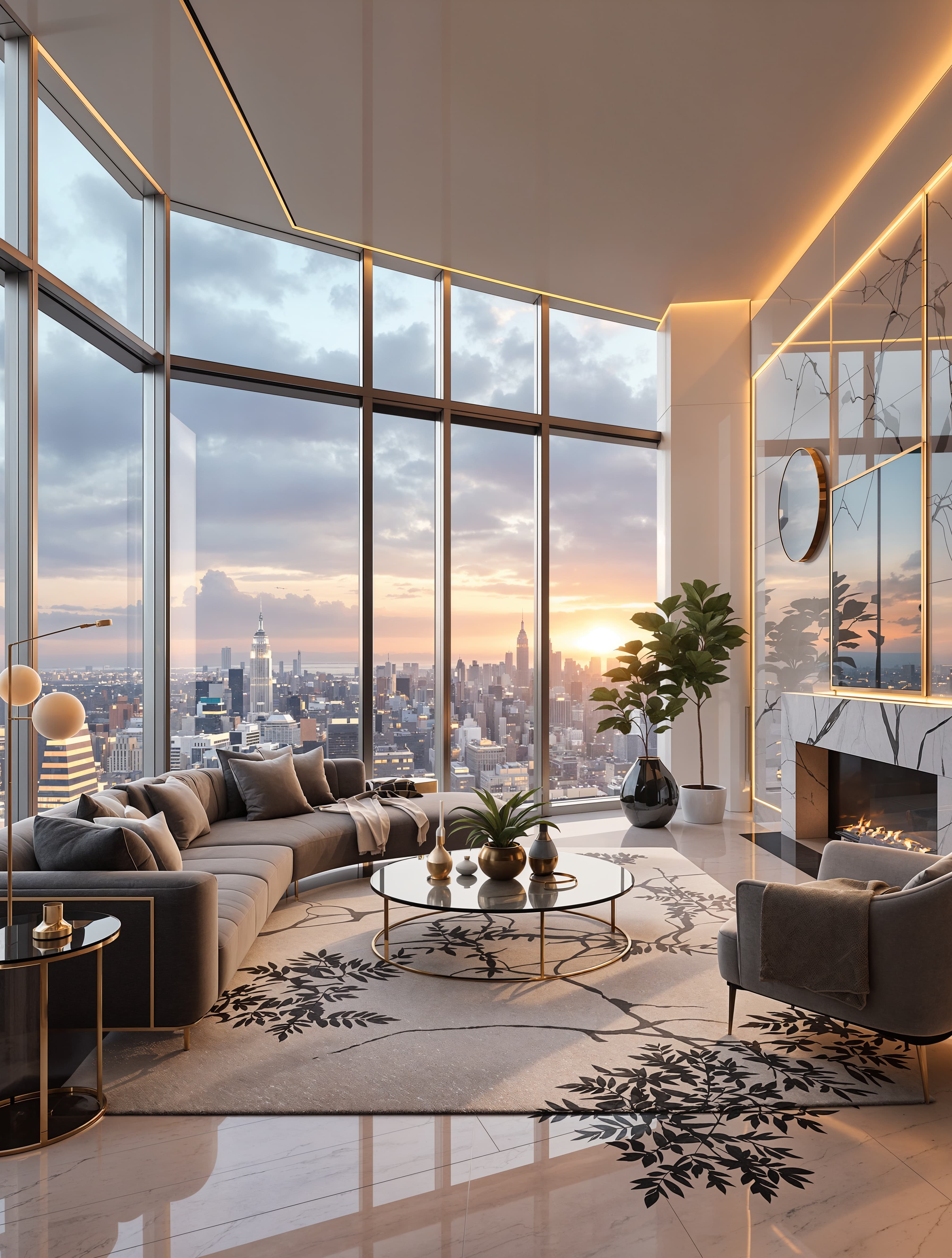 A luxurious NYC penthouse living room with marble accents, modern gray furniture, gold lighting fixtures, and floor-to-ceiling windows showcasing a panoramic city view at sunset.