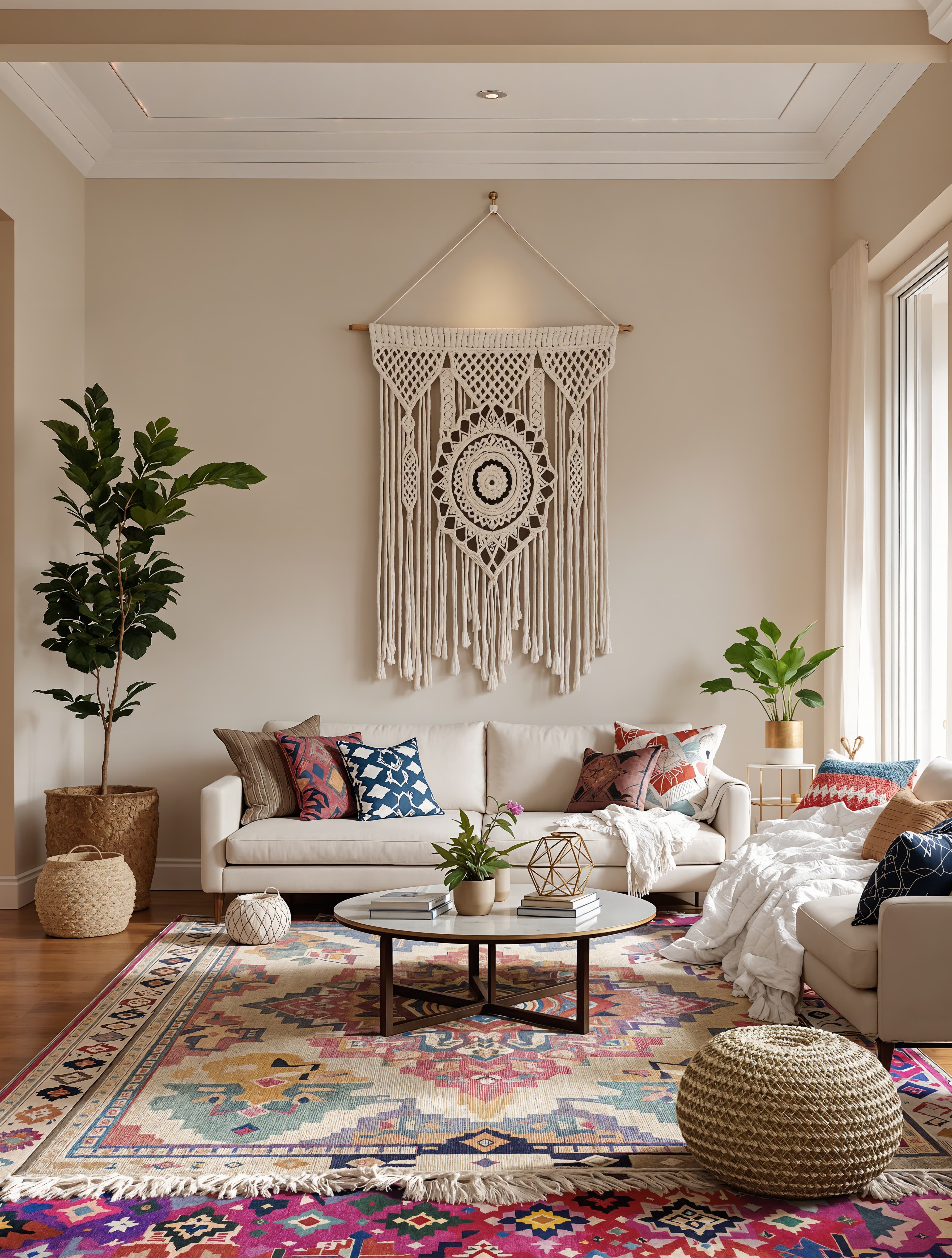 A boho-style living room with vibrant patterned rugs, hanging macramé decorations, eclectic furniture, and soft ambient lighting for a relaxed vibe.