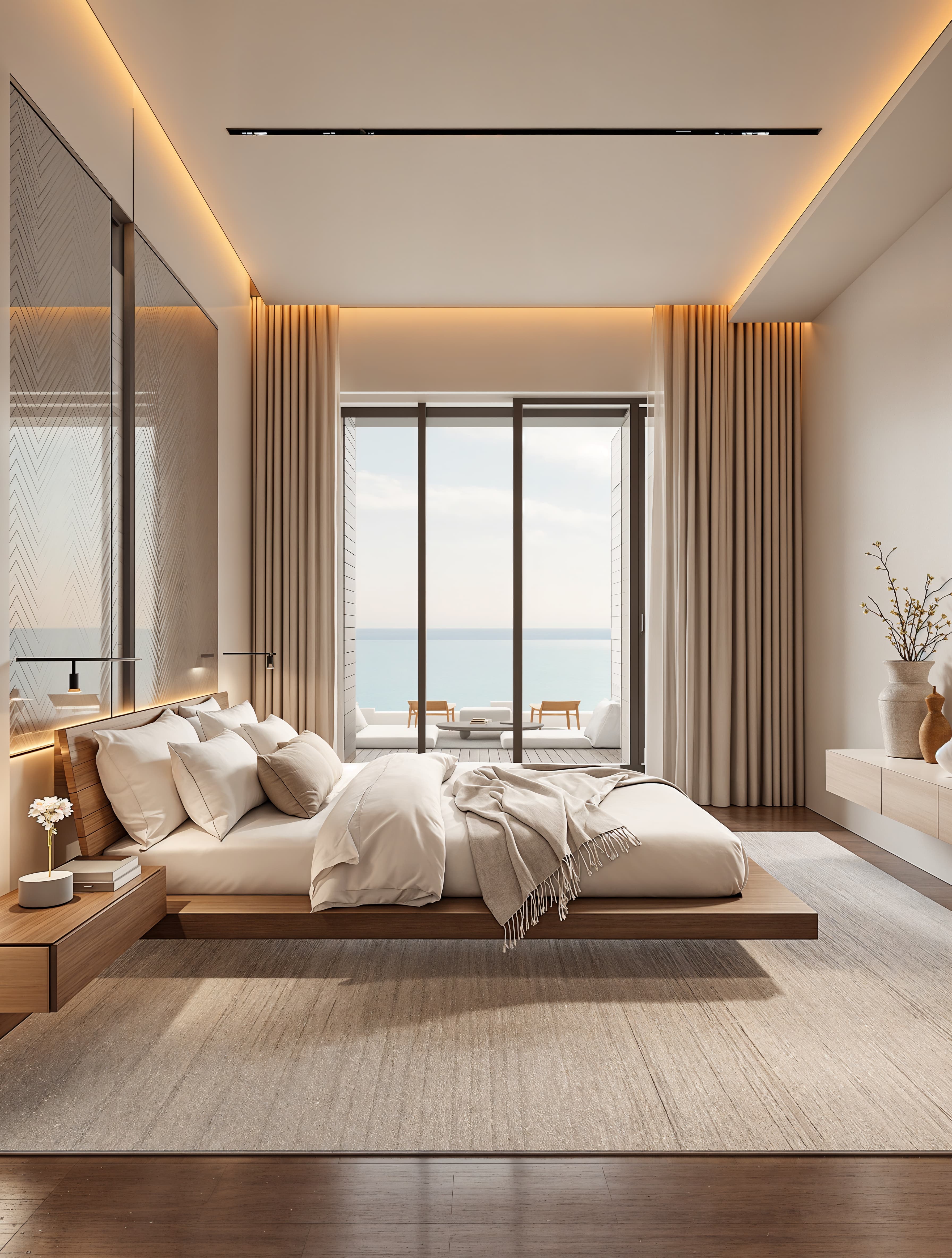 A tranquil bedroom with a neutral color palette, soft linen bedding, a modern wooden platform bed, warm lighting, and a large window with a view of the ocean.