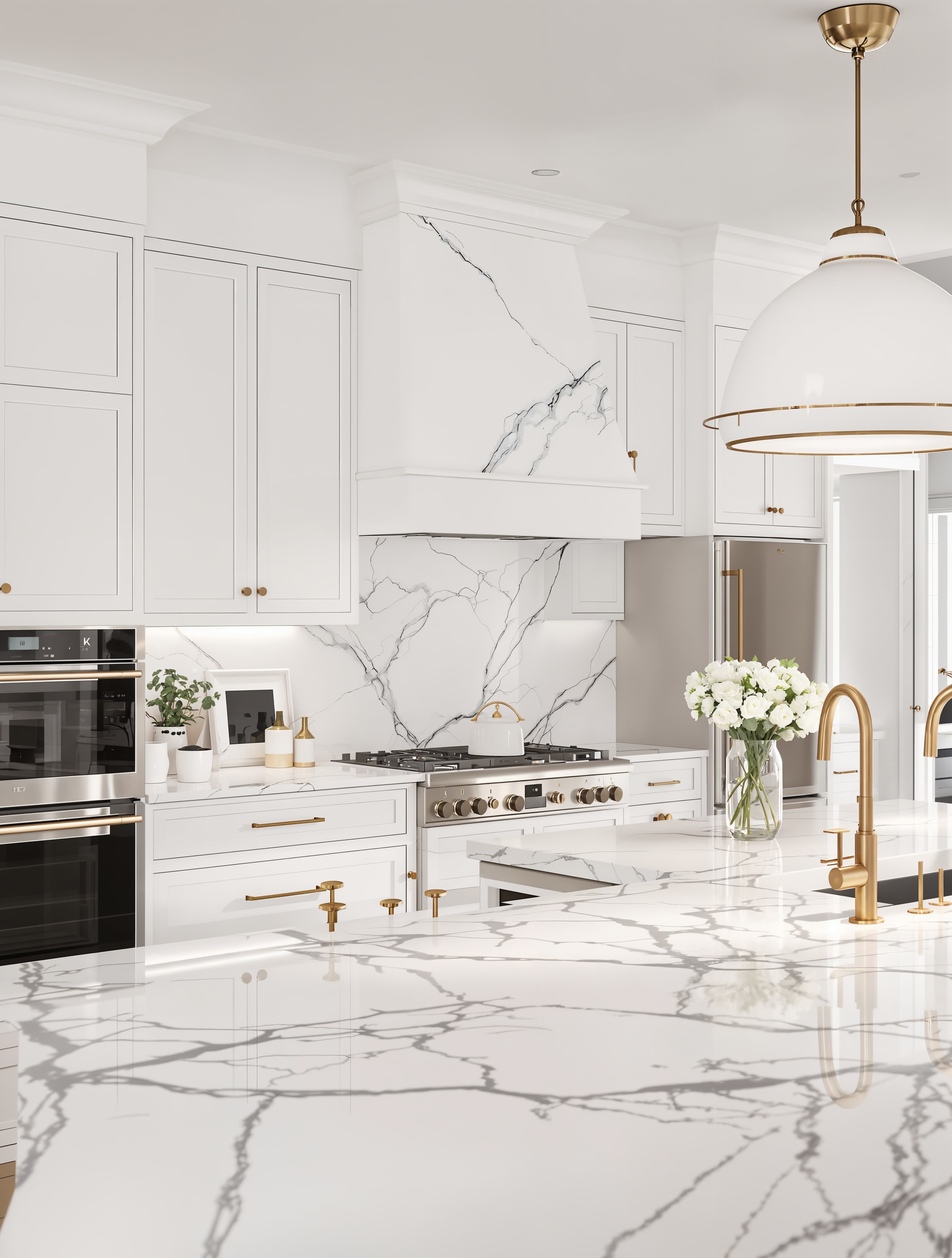 A bright, modern kitchen with white marble countertops, gold hardware, minimalist cabinetry, and large pendant lights over a central island