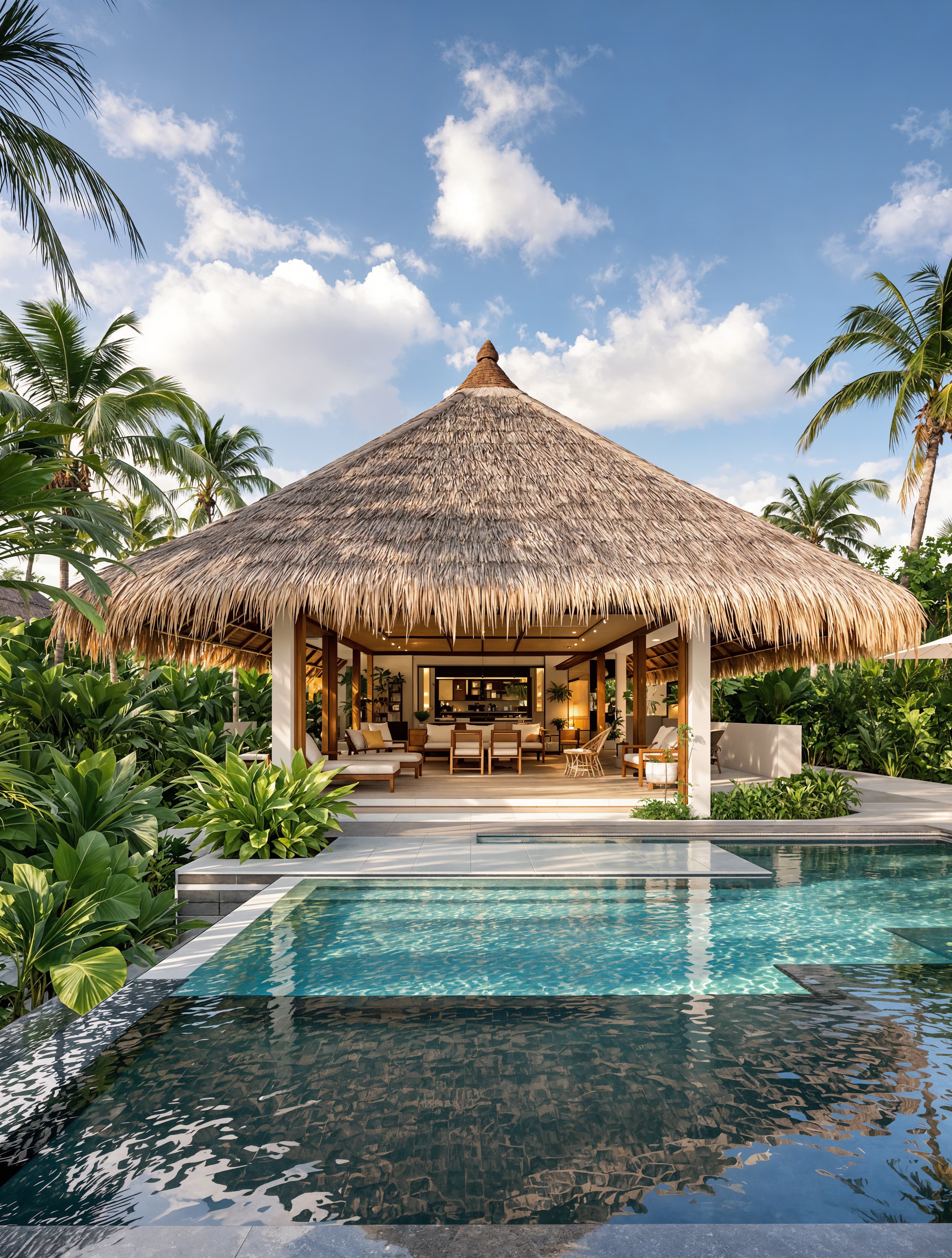 A tropical bungalow with a thatched roof, open-air design, and lush greenery surrounding the property, complete with a private pool