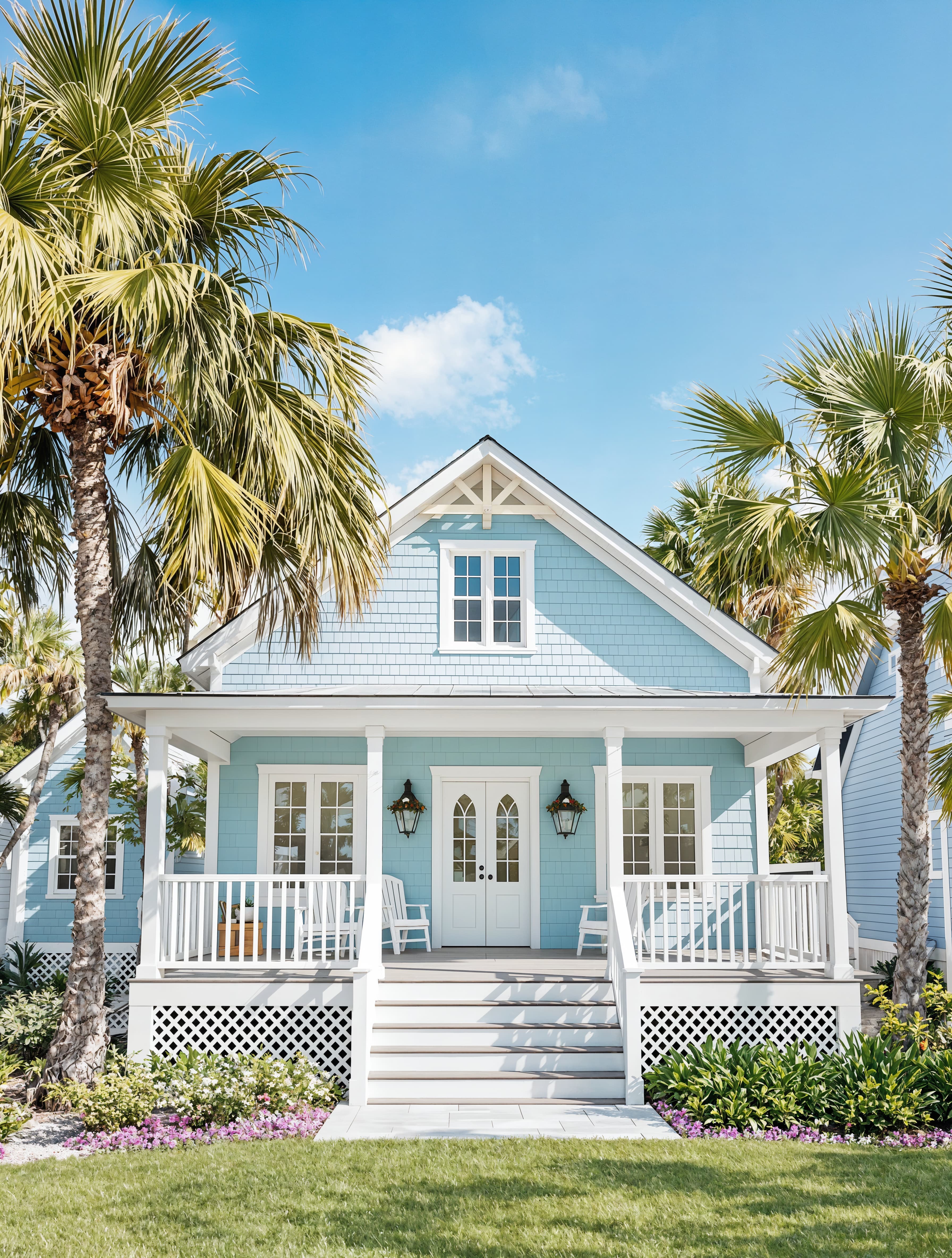 A bright coastal cottage with pastel blue siding, white trim, a wraparound deck, and tall palm trees framing the property.