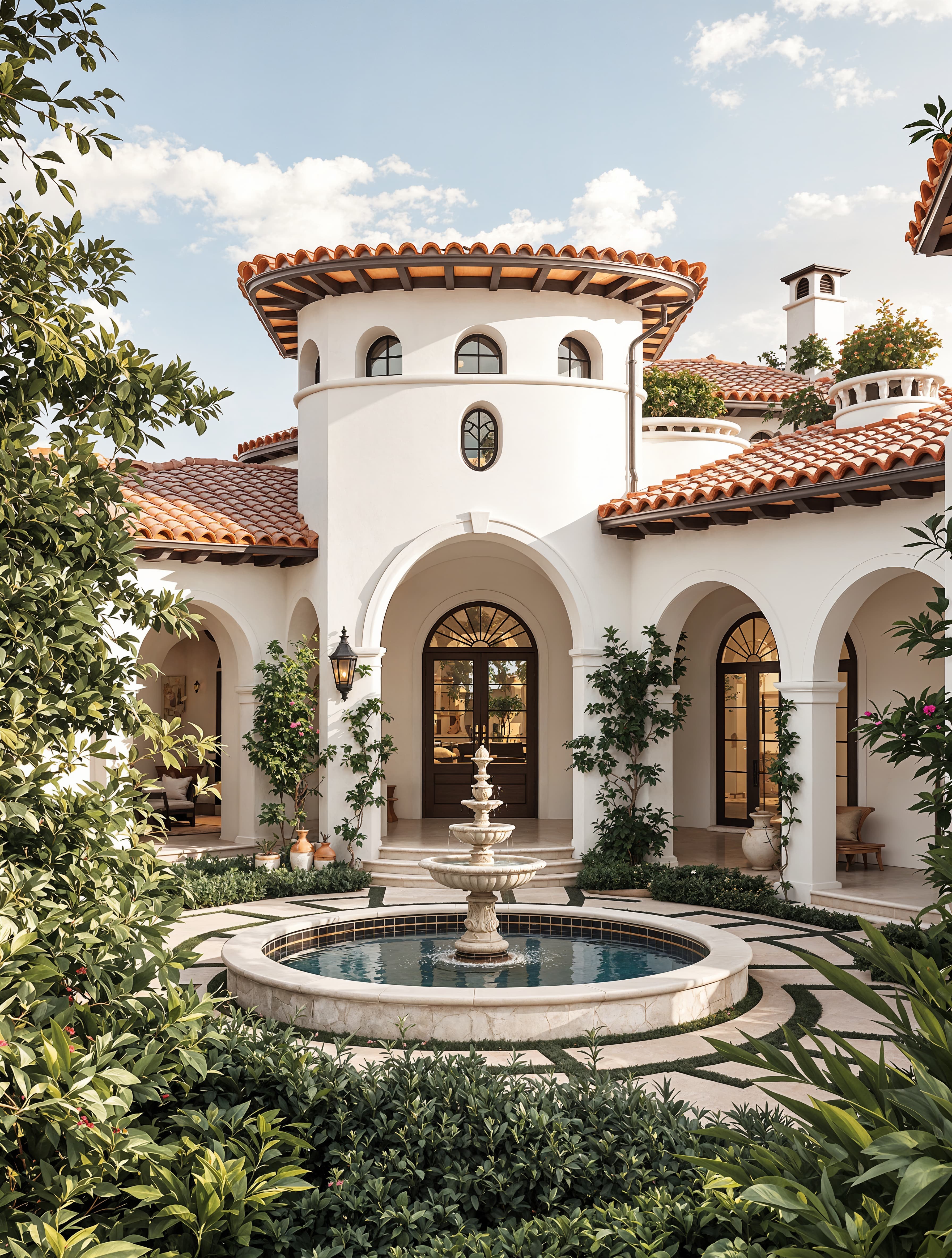 A luxurious Mediterranean villa with terracotta roof tiles, white stucco walls, arched doorways, and a lush courtyard with a fountain.