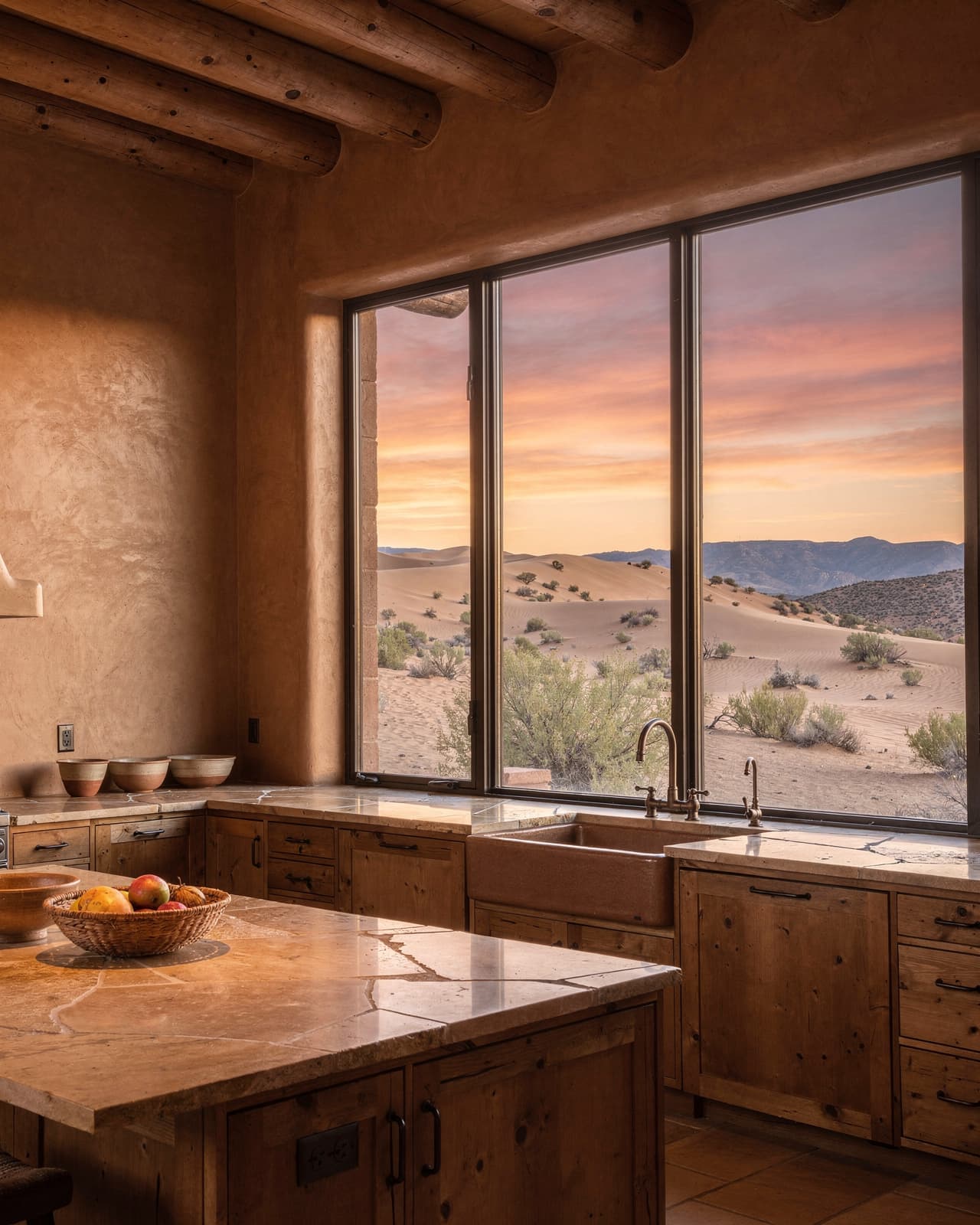 A warm-hued, southwestern kitchen overlooking a vast desert landscape. Incorporate earthy stone countertops, textured adobe walls, and large windows framing sunsets over rolling dunes.