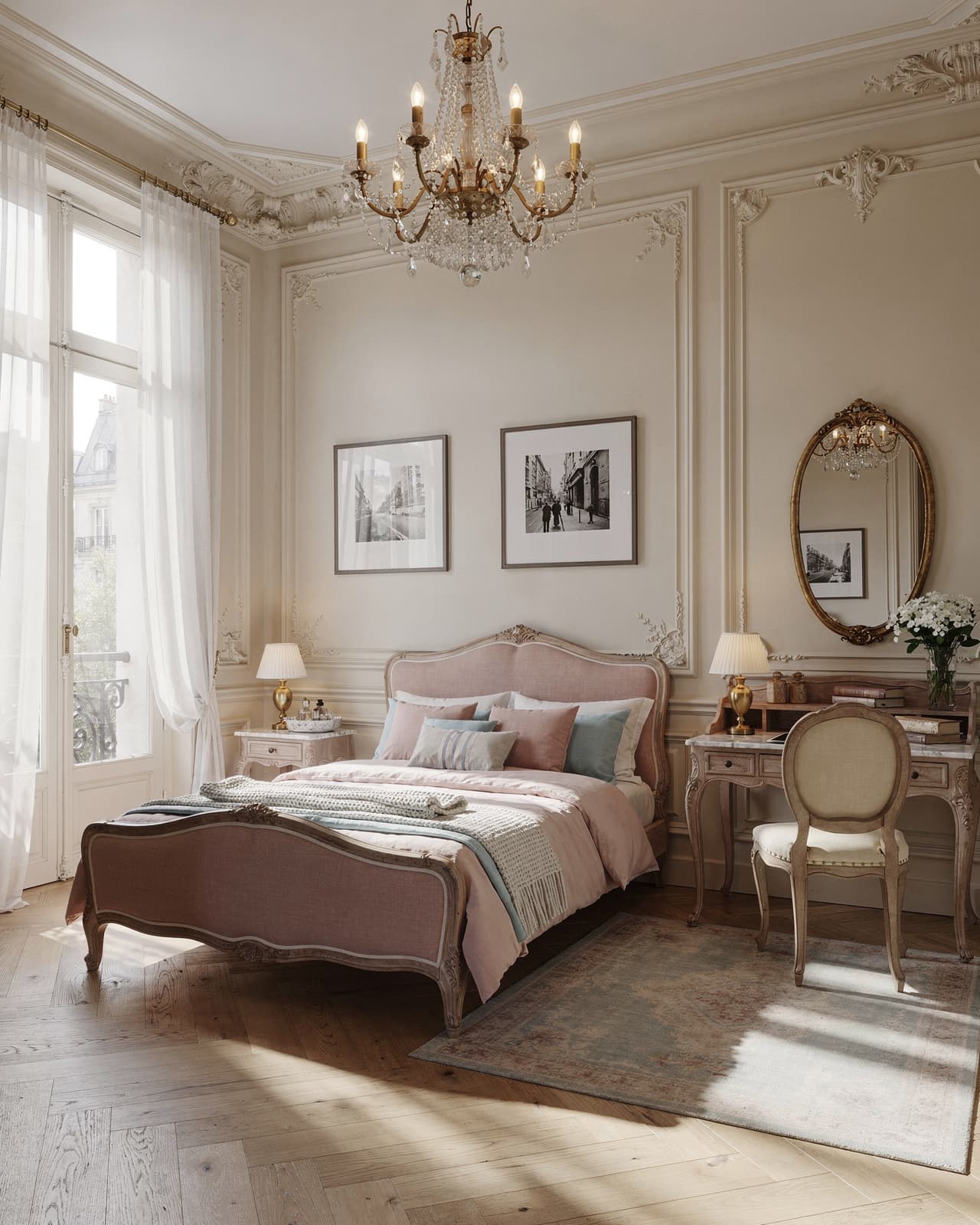 A sunlit Parisian bedroom with herringbone floors, ornate molding, and a vintage chandelier. Soft pastels and antique furniture add an air of romance and timeless elegance.