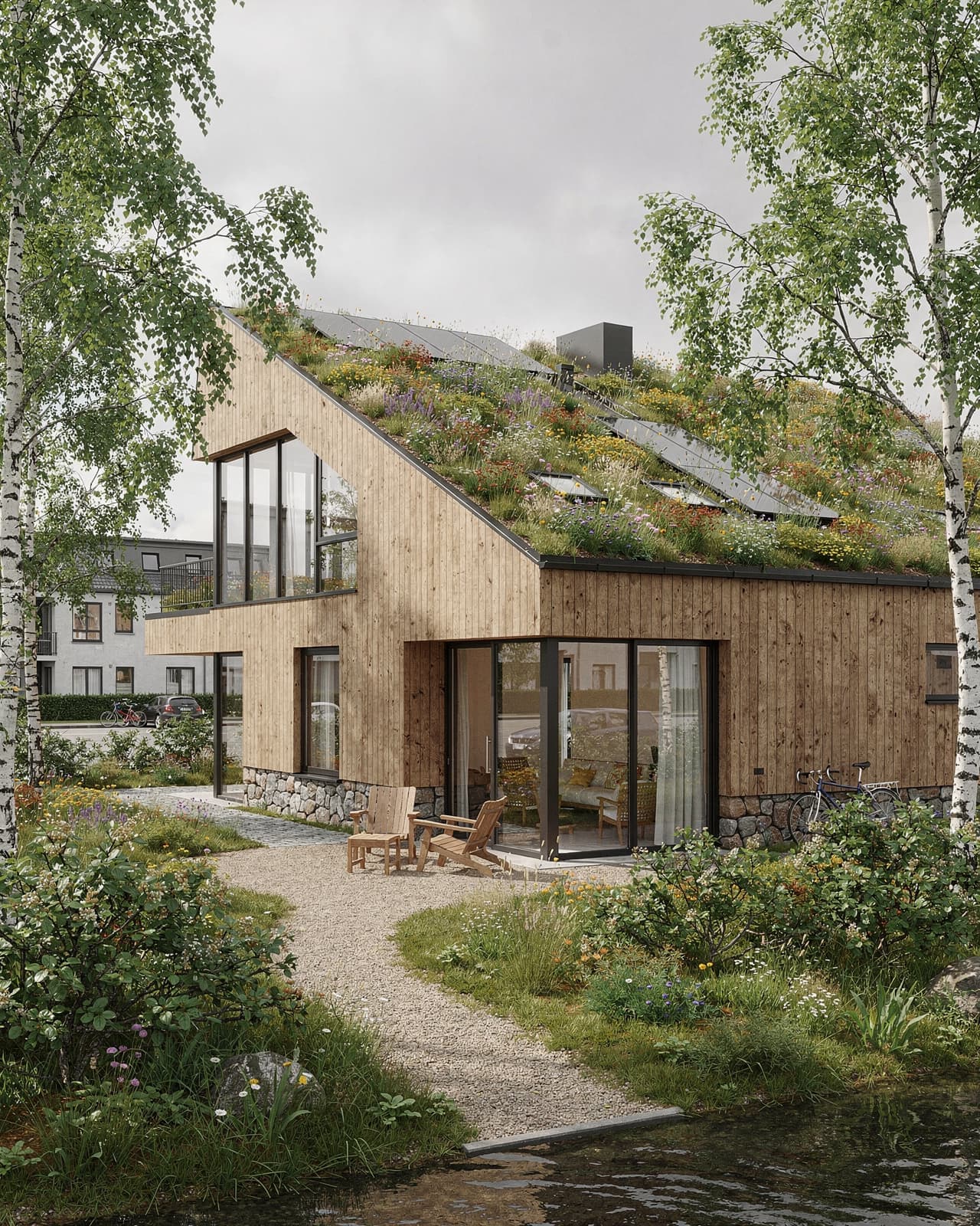 Sustainable materials, a sod or living roof, and minimalist wooden cladding for a nature-inspired design that merges into its Nordic surroundings.