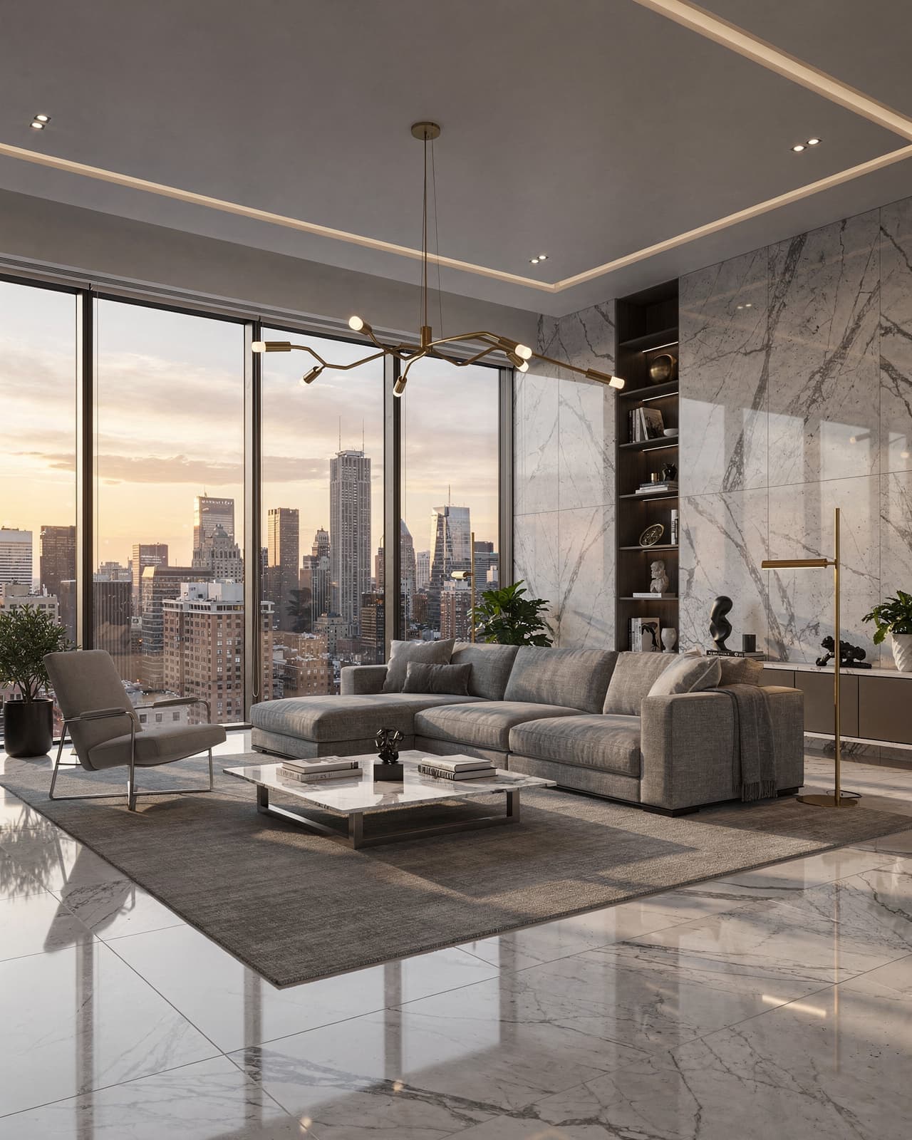 A luxurious NYC penthouse living room with marble accents, modern gray furniture, gold lighting fixtures, and floor-to-ceiling windows showcasing a panoramic city view at sunset.