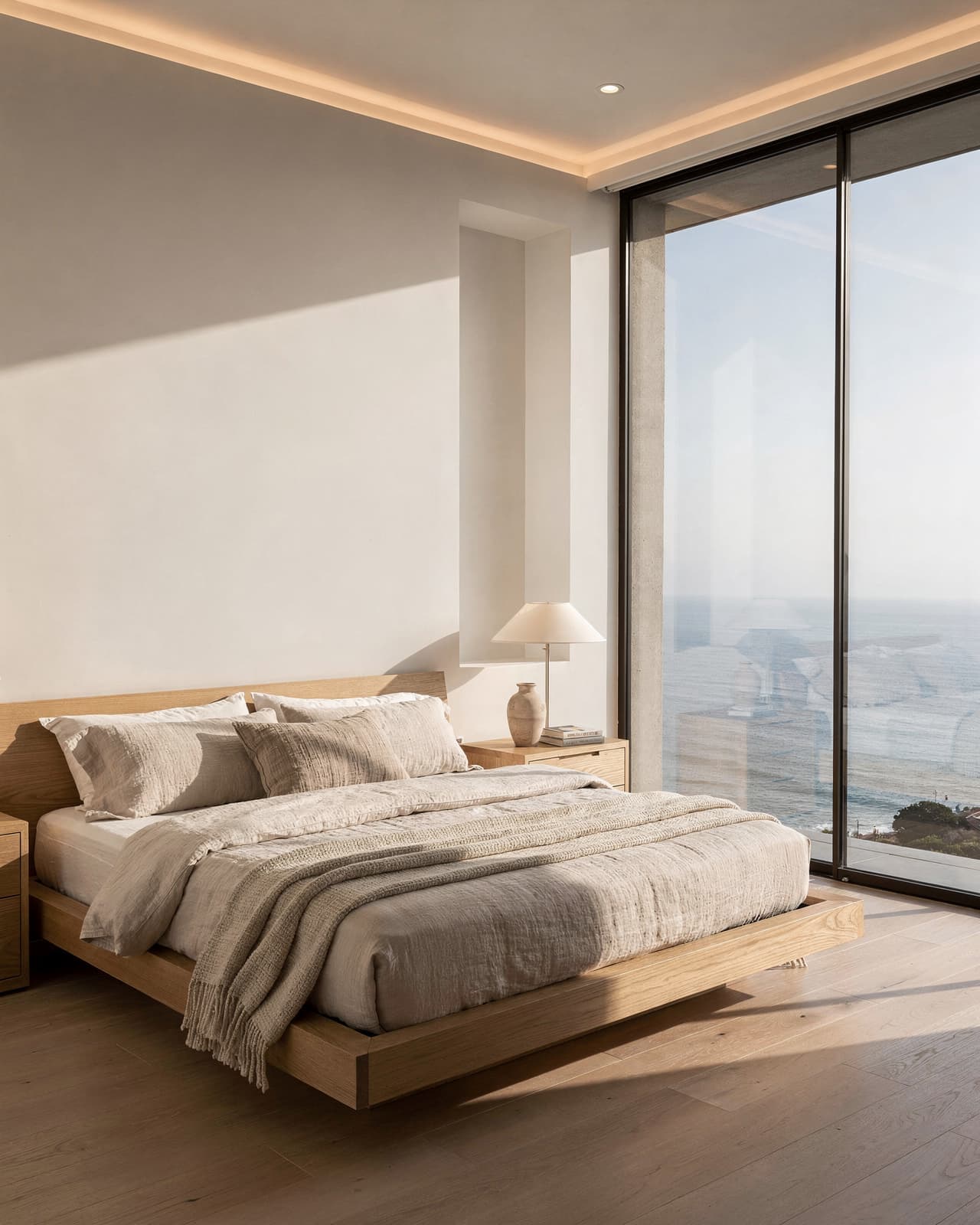 A tranquil bedroom with a neutral color palette, soft linen bedding, a modern wooden platform bed, warm lighting, and a large window with a view of the ocean.