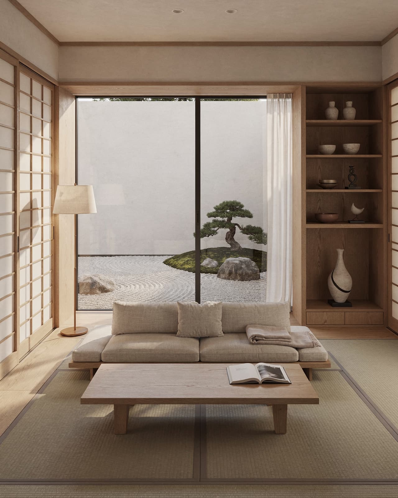 A serene Japanese-inspired living space featuring clean lines, neutral tones, and low-profile furniture that emphasizes tranquility.